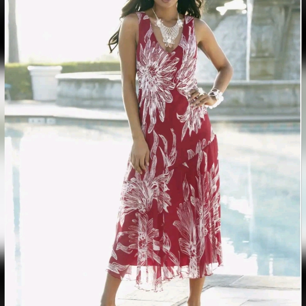 Midnight Velvet 90's Red Sequin Sleeveless Beaded Floral Flowy Sun Dress